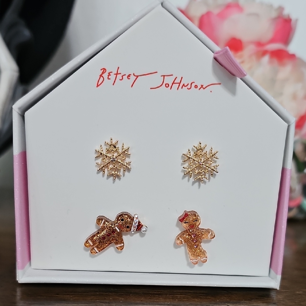 Betsey Johnson Gold Snowflake and Gingerbread Earrings